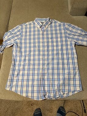 Izod White Button-Down Shirt with Blue and Pink Plaid